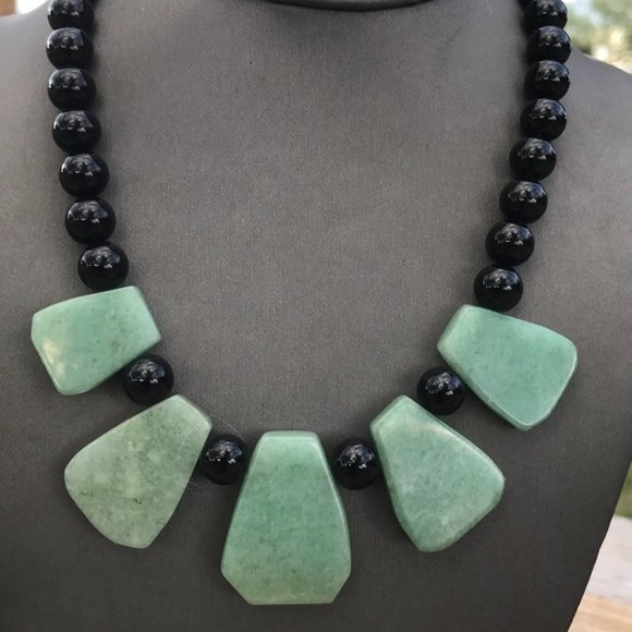 Genuine Natural Jade Nephrite Black Onyx Cleopatra Necklace Sterling Silver 925 - Picture 2 of 13